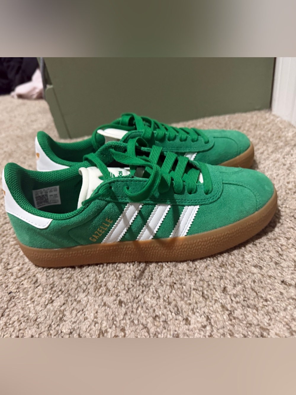 adidas Green Suede Gazelle Sneakers with White Stripes